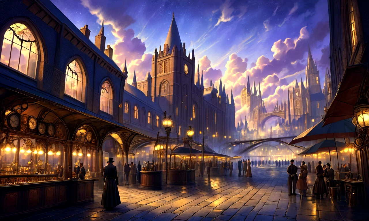 fantasy art, ultra wide shot, realistic, detailed, deviant art, contest winner, concept art, Tim Hildebrandt, fantasy, ((((Steampunk City))))), evening, dreamy realism, Art Station, Adrian Everson's style, cinematic stills rather than aesthetic architecture, Greg Rutkowski, creating a landscape reminiscent of the film "Deadly Magic", Kings Cross Station, London, UK, Using exquisite detail and dynamic design, the illustration captures the awe and confusion evoked by the film "Deadly Magic".