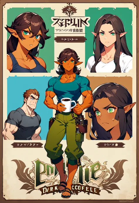 a cartoon half elf girl with a blue tanktop and green cargo pants holding a cup of coffee, botw style, full body portrait of an ...