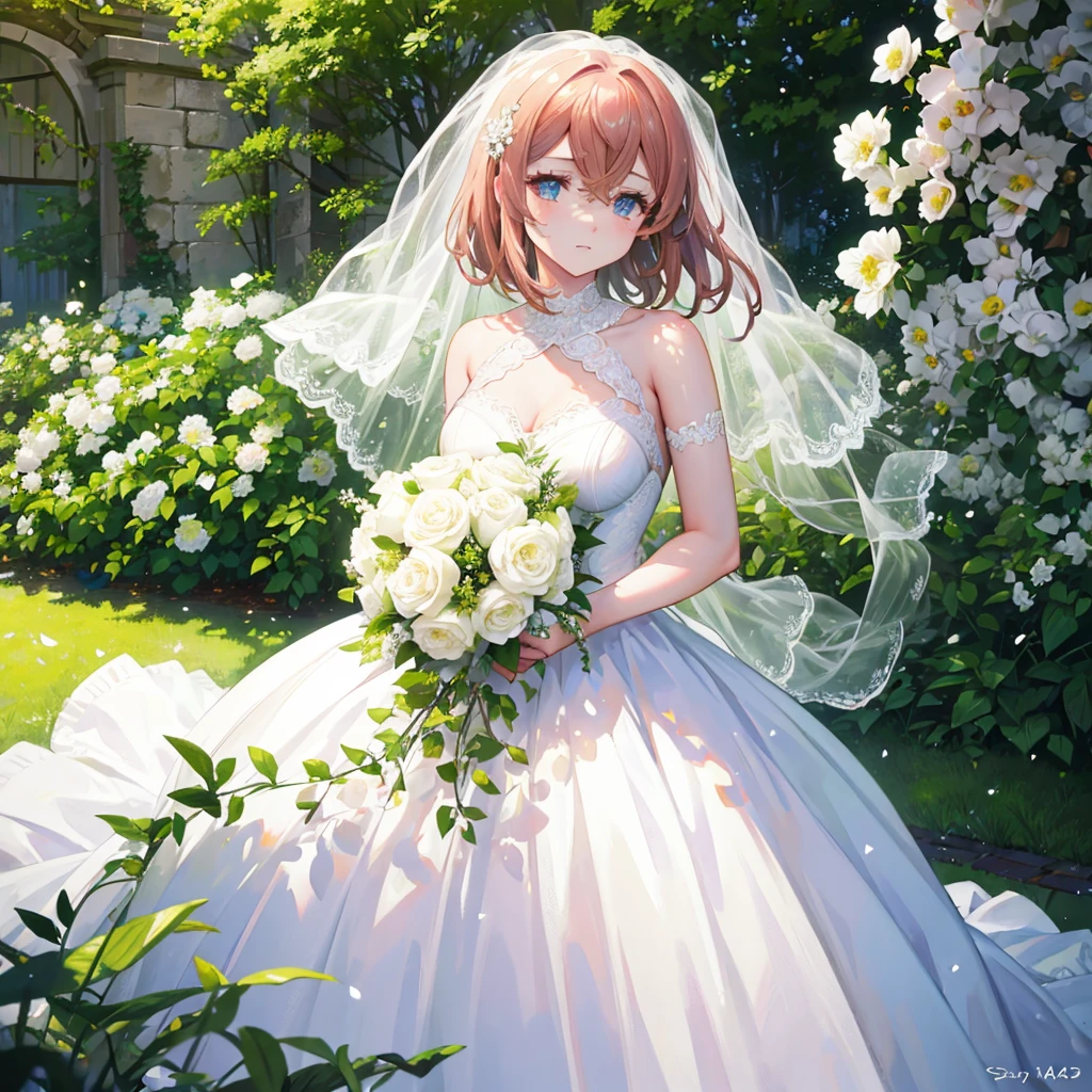 A beautiful bride in a lush garden, white wedding dress, holding bouquet, surrounded by flowers, sunlight, serene expression, elegant pose, soft lighting, photorealistic, intricate detail, cinematic composition, warm color palette