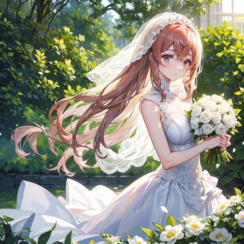 A beautiful bride in a lush garden, white wedding dress, holding bouquet, surrounded by flowers, sunlight, serene expression, elegant pose, soft lighting, photorealistic, intricate detail, cinematic composition, warm color palette