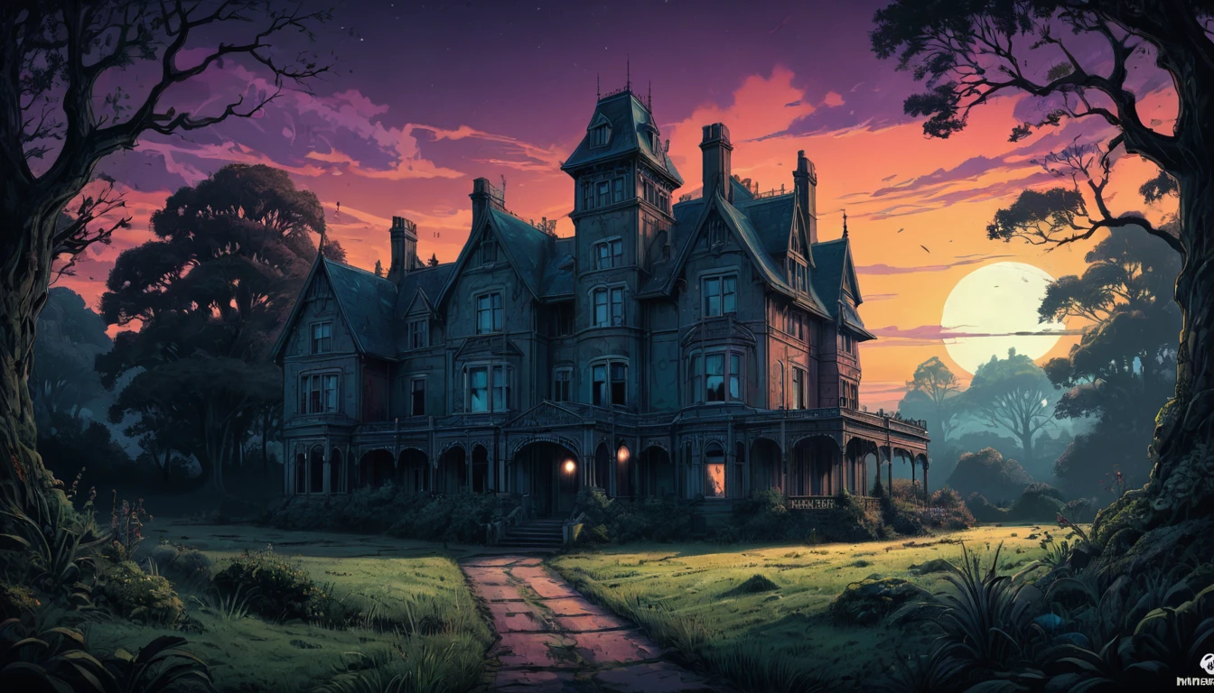 (art by Dan Mumford:0.9) , digital art, Technical illustration, detailed, Boho, landscape of a Manor, it is 1920'S and Discouraged, Bathed in shadows, Horror, F/5, triadic colors, extremely detailed CG Unity 8k wallpaper, extremely beautiful