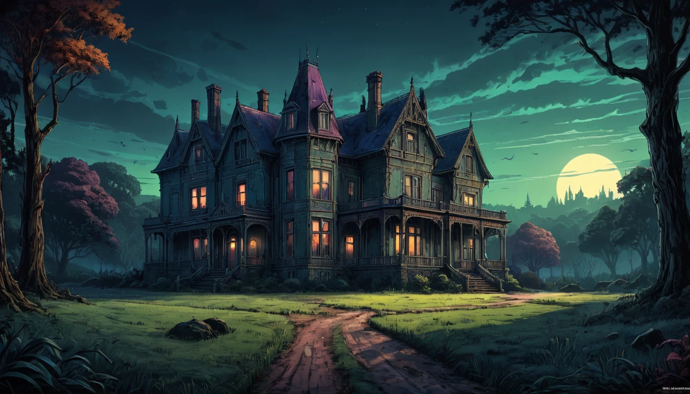 (art by Dan Mumford:0.9) , digital art, Technical illustration, detailed, Boho, landscape of a Manor, it is 1920'S and Discouraged, Bathed in shadows, Horror, F/5, triadic colors, extremely detailed CG Unity 8k wallpaper, extremely beautiful