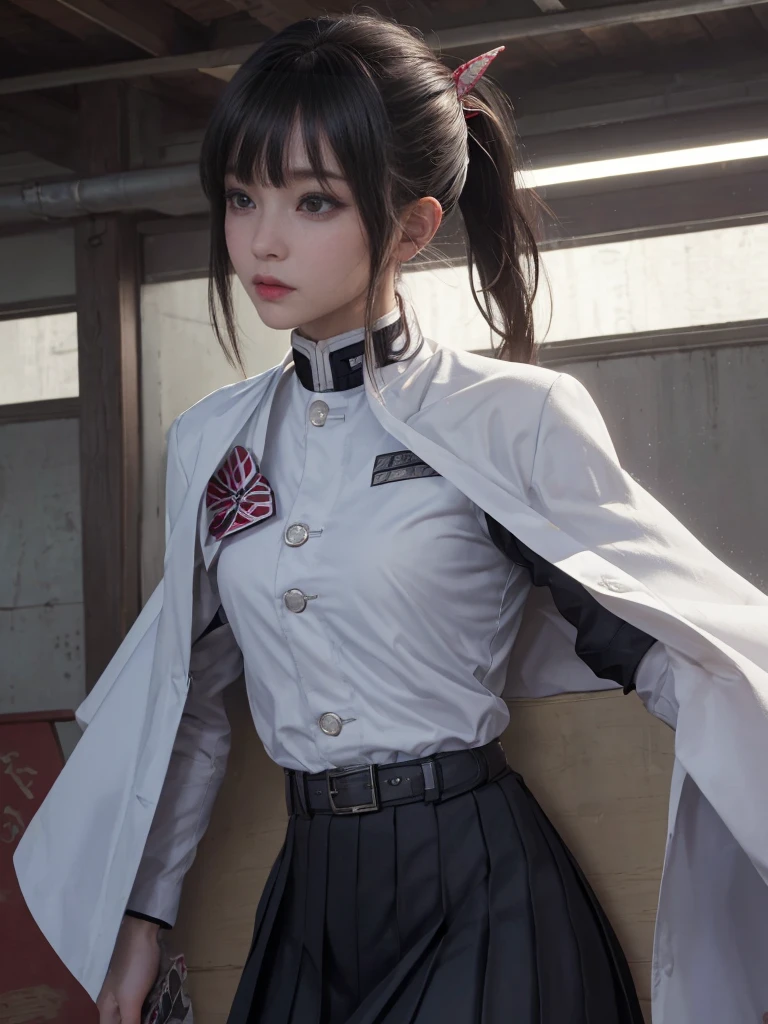 (RAW Photos, highest quality), (Realistic, Photorealistic Truth: 1.3), highest quality, Very detailed, masterpiece, Ultra-detailed, figure, One girl, kanao tsuyuri, ((Bangs Patsun,Side Ponytail)),(( Demon Slayer uniform:1.4)), Butterfly Hair Ornament,( white belt), ( White Cape),, (Black jacket), (Pleated skirt), belt, (Black Skirt), knees, buckle, belt buckle, upper_body, Dynamic Angle, World Mastery Theatre, long hair flying, Fluorescent Centred, highest quality, Highly detailed CG integrated 8K wallpaper, ink, wonderful, Cinema Lighting, lens_Flare, wuxia_style,(((Straight Bangs:1.4))),(blunt bangs:1.4),