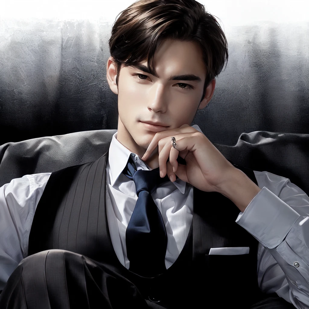 there is a man in a vest and tie sitting down, handsome pose, realistic