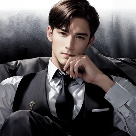 there is a man in a vest and tie sitting down, handsome pose, realistic