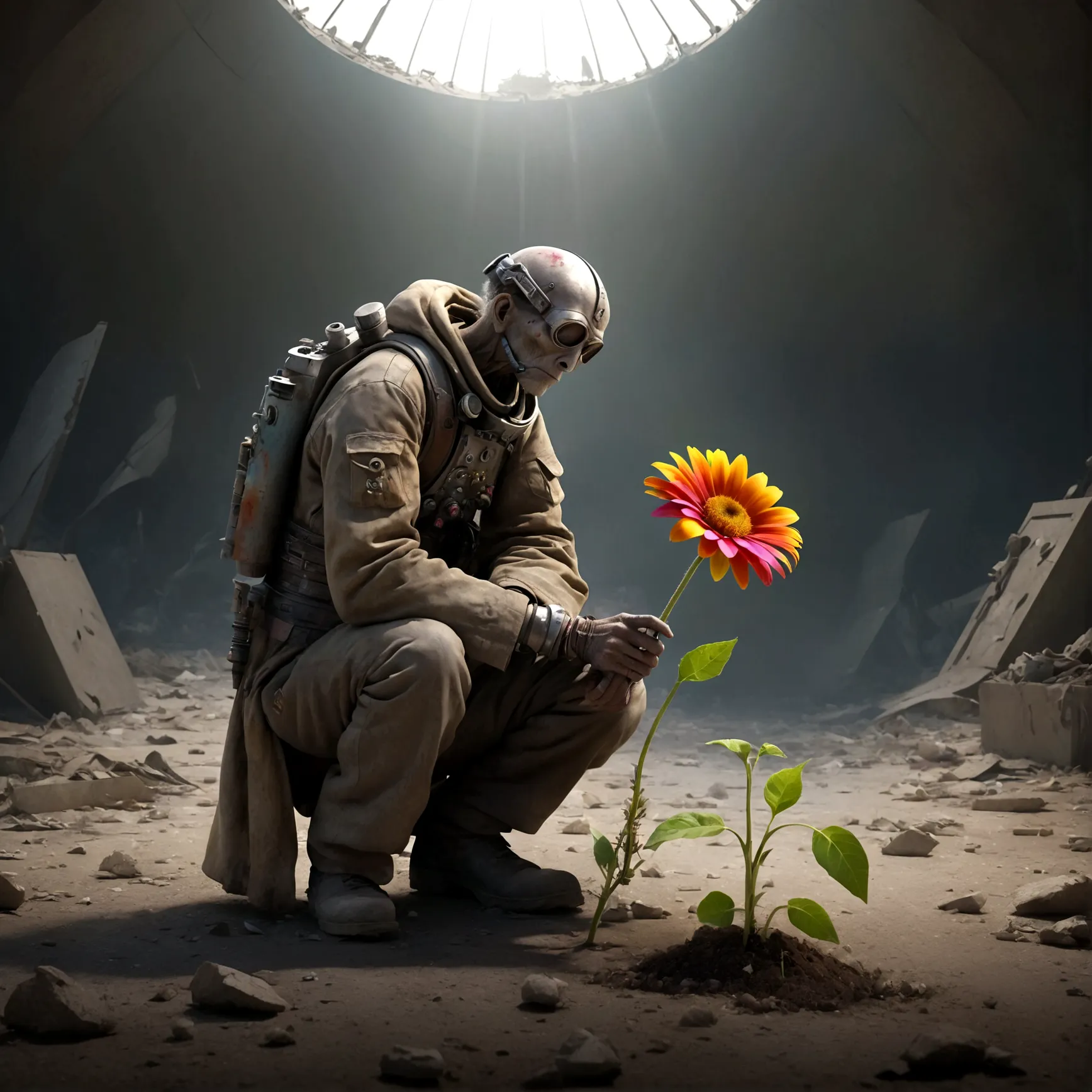 The last human on earth nurturing a small colorful flower of hope at the end of time. Be creative. Post-apocalypse.