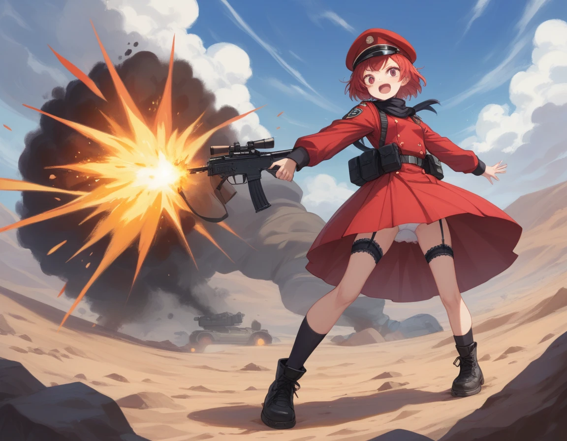 Small breasts、A platoon of girls in bright red military uniforms and long red skirts、Red military uniform and red long skirt、Panty shot、Cute snow-white underwear、garter belt、A pair of girl platoon leaders and soldiers equipped with two assault rifles、desert、Black powder explosion on the ground behind、Big Explosion、A big uproar、Destroy a Tank