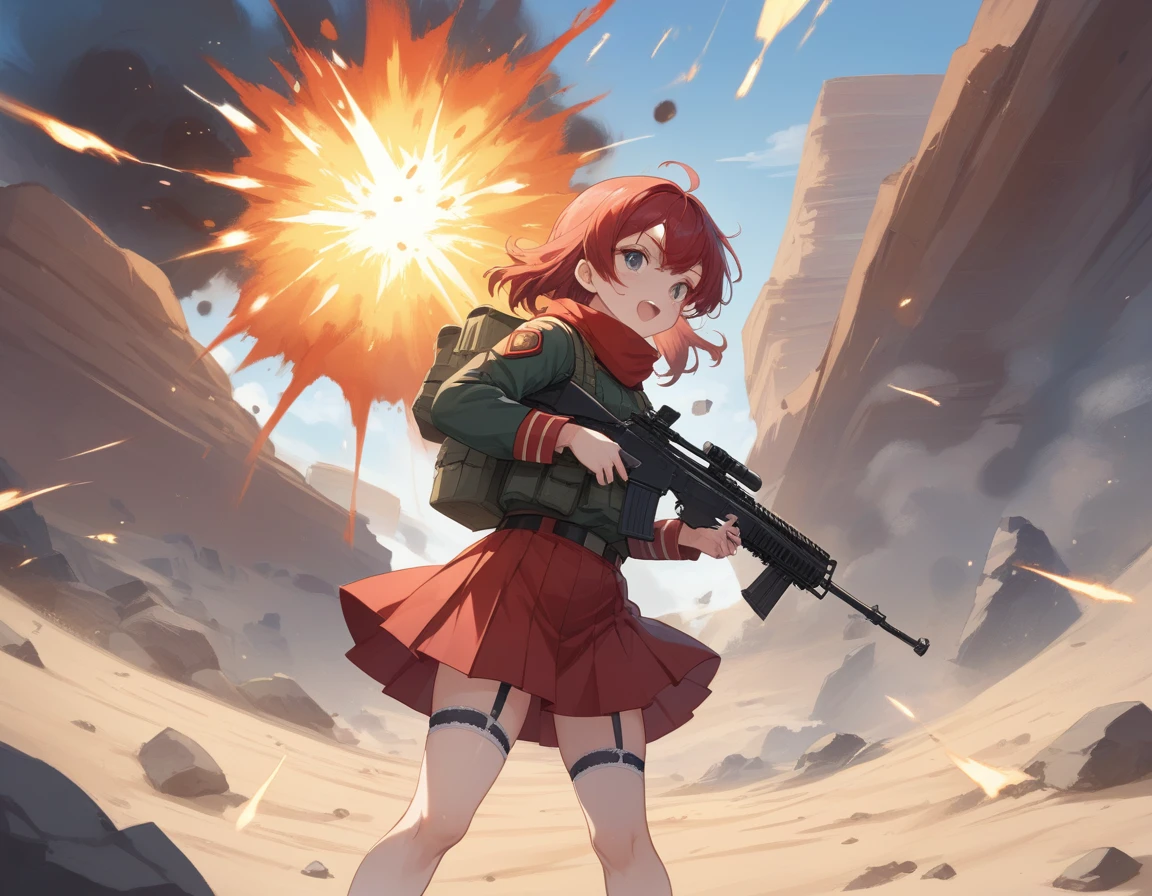 Small breasts、A platoon of girls in bright red military uniforms and long red skirts、Red military uniform and red long skirt、Panty shot、Cute snow-white underwear、garter belt、A pair of girl platoon leaders and soldiers equipped with two assault rifles、desert、Black powder explosion on the ground behind、Big Explosion、A big uproar、Destroy a Tank