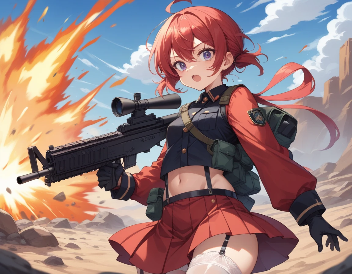 Small breasts、A platoon of girls in bright red military uniforms and long red skirts、Red military uniform and red long skirt、Panty shot、Cute snow-white underwear、garter belt、A pair of girl platoon leaders and soldiers equipped with two assault rifles、desert、Black powder explosion on the ground behind、Big Explosion、A big uproar、Destroy a Tank