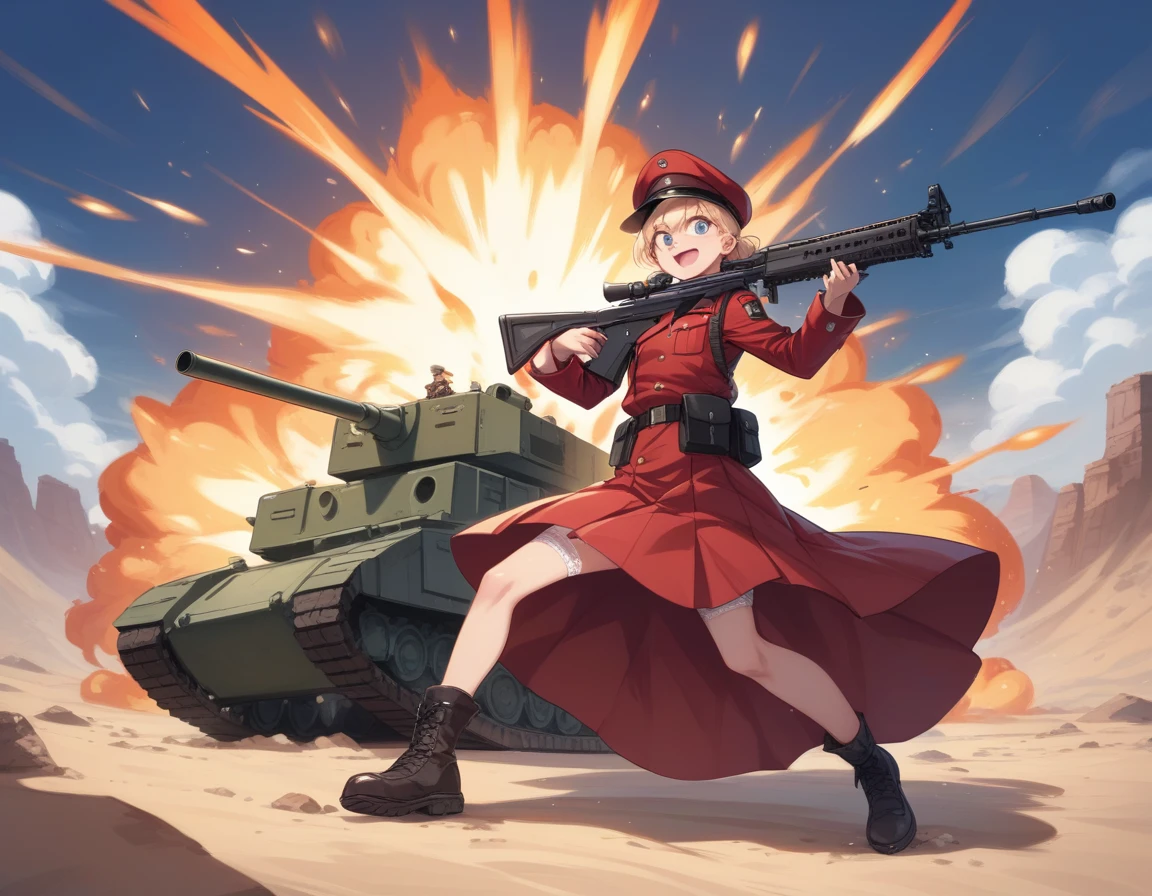 Small breasts、A platoon of girls in bright red military uniforms and long red skirts、Red military uniform and red long skirt、Panty shot、Cute snow-white underwear、garter belt、A pair of girl platoon leaders and soldiers equipped with two assault rifles、desert、Black powder explosion on the ground behind、Big Explosion、A big uproar、Destroy a Tank