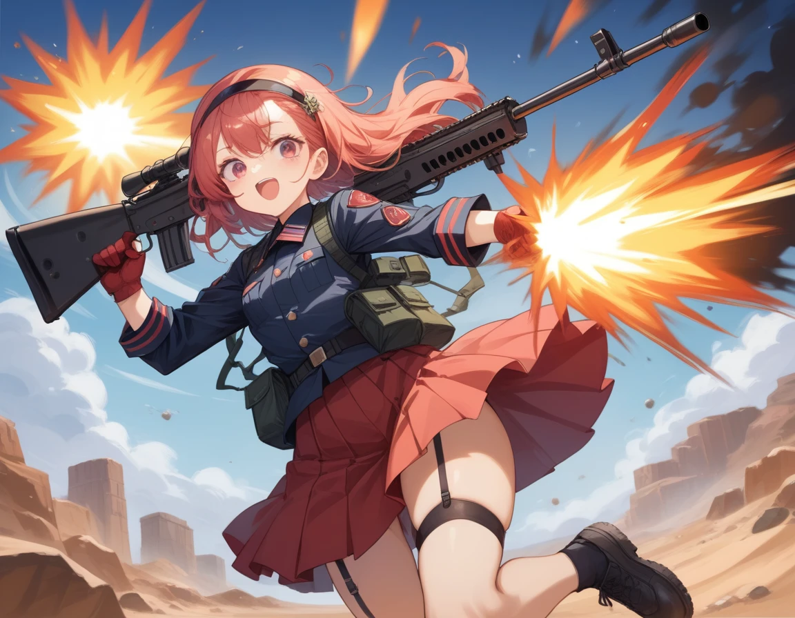 Small breasts、A platoon of girls in bright red military uniforms and long red skirts、Red military uniform and red long skirt、Panty shot、Cute snow-white underwear、garter belt、A pair of girl platoon leaders and soldiers equipped with two assault rifles、desert、Black powder explosion on the ground behind、Big Explosion、A big uproar、Destroy a Tank