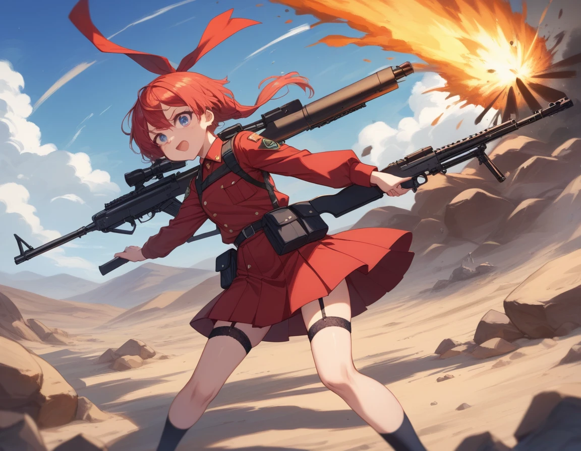 Small breasts、A platoon of girls in bright red military uniforms and long red skirts、Red military uniform and red long skirt、Panty shot、Cute snow-white underwear、garter belt、A pair of girl platoon leaders and soldiers equipped with two assault rifles、desert、Black powder explosion on the ground behind、Big Explosion、A big uproar、Destroy a Tank