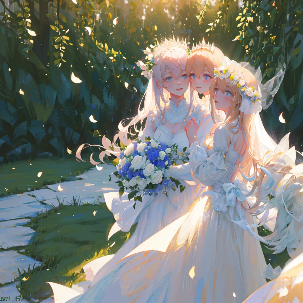 a beautiful bride in a garden, long white wedding dress, elaborate floral crown, holding a bouquet, sunlight streaming through the trees, romantic, dreamy, pastel colors, cinematic, (best quality,4k,8k,highres,masterpiece:1.2),ultra-detailed,(realistic,photorealistic,photo-realistic:1.37),soft focus,beautiful detailed eyes,beautiful detailed lips,extremely detailed eyes and face,longeyelashes,wedding ceremony,intimate moment,glowing skin,natural lighting