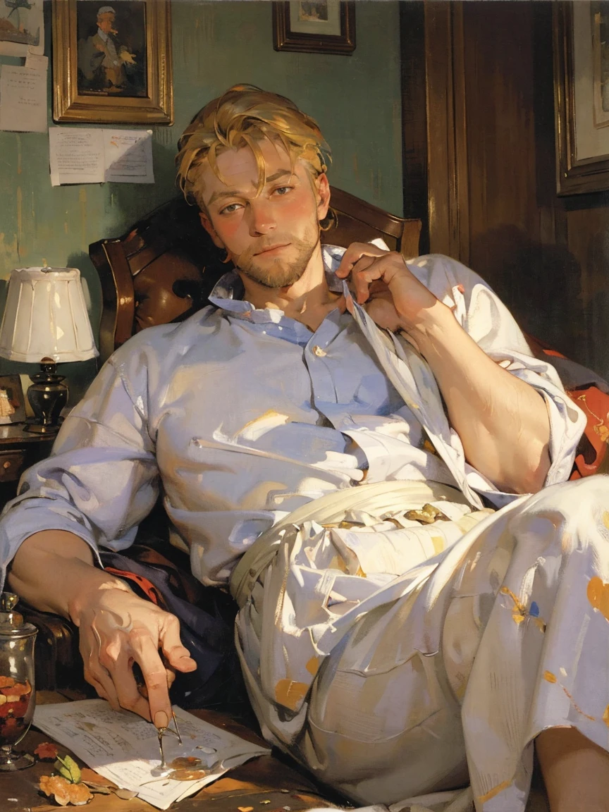 art by (Carl Larsson:1.2),(post-Impressionist),,((oil painting)),soft lighting,COOL, handsome businessman shedding his skin to reveal a buxom ninja woman