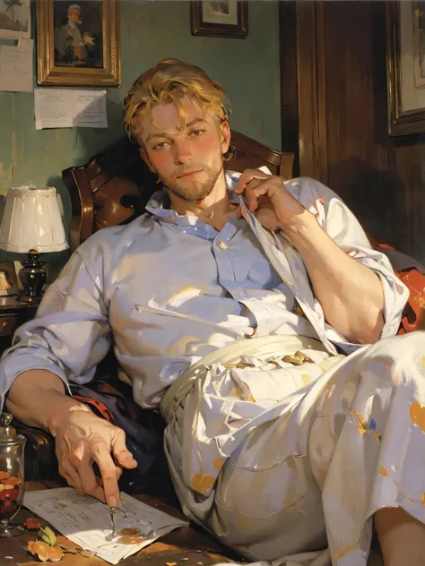 art by (Carl Larsson:1.2),(post-Impressionist),,((oil painting)),soft lighting,COOL, handsome businessman shedding his skin to r...