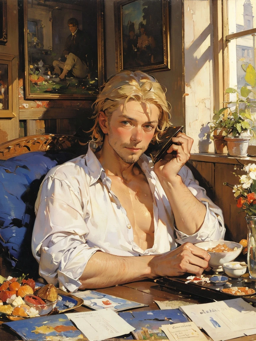 art by (Carl Larsson:1.2),(post-Impressionist),,((oil painting)),soft lighting,COOL, handsome businessman shedding his skin to reveal a buxom ninja woman