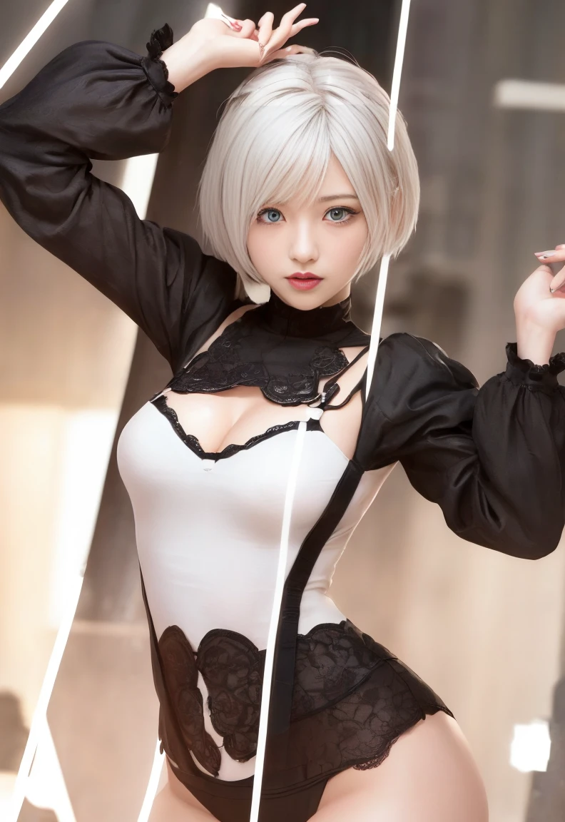 ((Highest quality))、((masterpiece))、(detailed)、1 Girl、sexy、This captivating image、(「Nier Automata」2B from the series poses from the front, revealing her seductive breasts。)Her short white hair frames her parted lips.、Blue eyes sparkling with emotion。The black dress with bold cutouts that exposed her breasts accentuated her entire body.、 Fadingz&#39;s stunning artistry、From the intricate cut-outs of her clothing to the delicate locks of her white hair.、Bringing every detail to life。