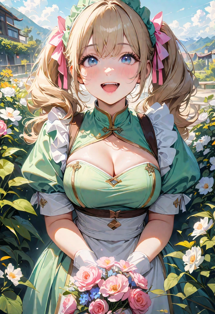 30 years old,1 mature woman,hyperrealistic, 8k, (extremely detailed 8k), (very delicate and beautiful), (masterpiece), (better quality:1.0), (ultra high resolution:1.0), (masterpiece, best quality), cute,blonde,cleavage cutout,(broen dress:1.3),gleaming skin,twintails,twin bun,a pink ribbon on the head,long hair,pastel green chinese maid dress,pastel green chinese dress,white long gloves,hold a bouquet of flowers,face and body straight at the camera,a bunch of flowers,POV,bust shot,white frill,puffy sleeves,laugh with open mouth,tareme,sky blue eyes,short truffle half apron,a gold buckle,white corset