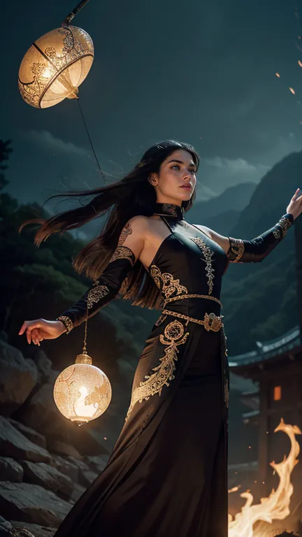 An Asian witch spirit, Malaysian woman, age 35, long hair, extensive tattoos (dragon motif), evil body jewelry, woman wearing a ...