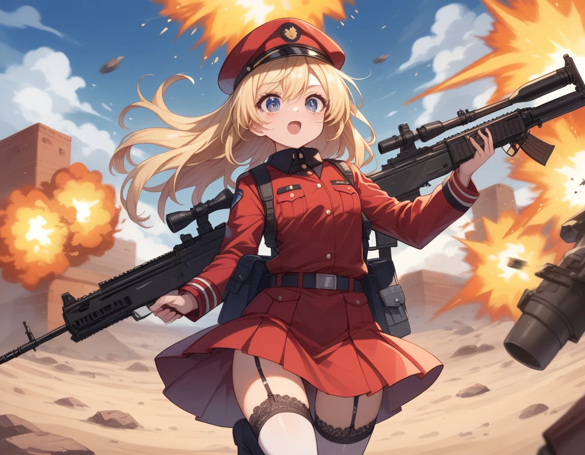 Small breasts、A platoon of girls in bright red military uniforms and long red skirts、Red military uniform and red long skirt、Panty shot、Cute snow-white underwear、garter belt、A pair of girl platoon leaders and soldiers equipped with two assault rifles、desert、Black powder explosion on the ground behind、Big Explosion、A big uproar、Destroy a Tank