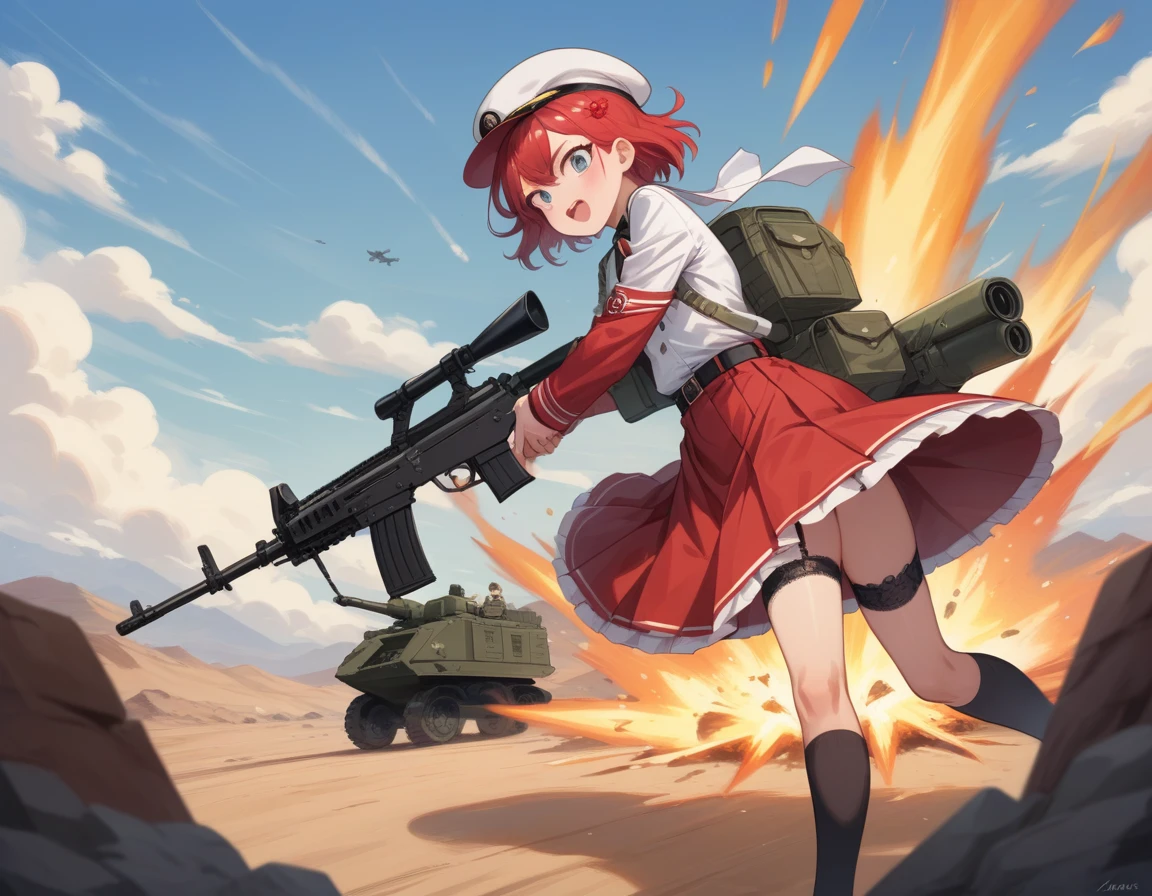 Small breasts、A platoon of girls in bright red military uniforms and long red skirts、Red military uniform and red long skirt、Panty shot、Cute snow-white underwear、garter belt、A pair of girl platoon leaders and soldiers equipped with two assault rifles、desert、Black powder explosion on the ground behind、Big Explosion、A big uproar、Destroy a Tank