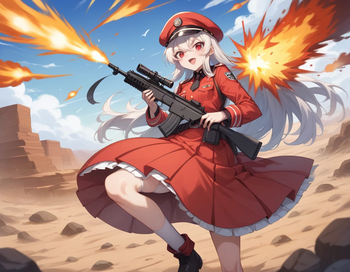 Small breasts、A platoon of girls in bright red military uniforms and long red skirts、Red military uniform and red long skirt、Panty shot、Cute snow-white underwear、garter belt、A pair of girl platoon leaders and soldiers equipped with two assault rifles、desert、Black powder explosion on the ground behind、Big Explosion、A big uproar、Destroy a Tank