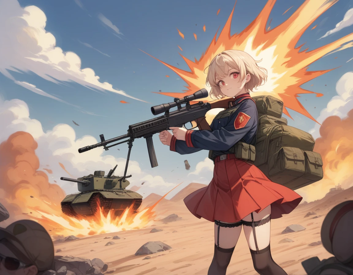 Small breasts、A platoon of girls in bright red military uniforms and long red skirts、Red military uniform and red long skirt、Panty shot、Cute snow-white underwear、garter belt、A pair of girl platoon leaders and soldiers equipped with two assault rifles、desert、Black powder explosion on the ground behind、Big Explosion、A big uproar、Destroy a Tank