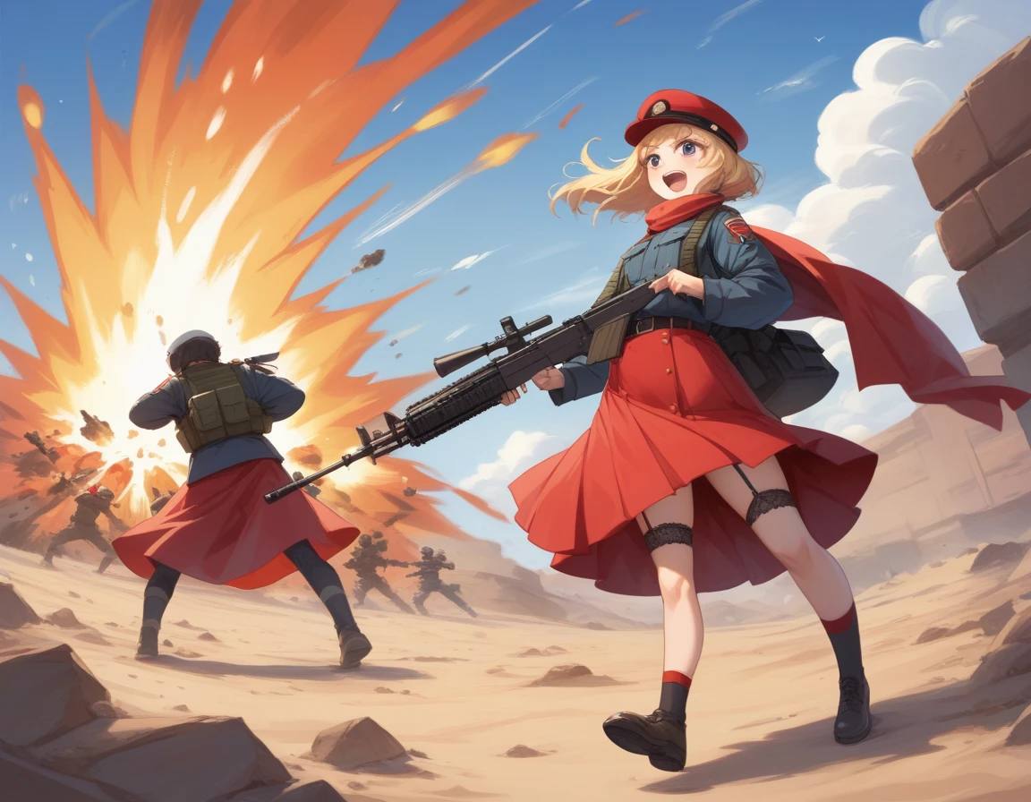 Small breasts、A platoon of girls in bright red military uniforms and long red skirts、Red military uniform and red long skirt、Panty shot、Cute snow-white underwear、garter belt、A pair of girl platoon leaders and soldiers equipped with two assault rifles、desert、Black powder explosion on the ground behind、Big Explosion、A big uproar、Destroy a Tank