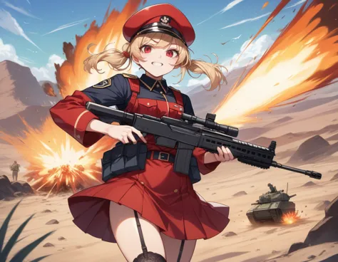 small breasts、a platoon of girls in bright red military uniforms and long red skirts、red military uniform and red long skirt、pan...