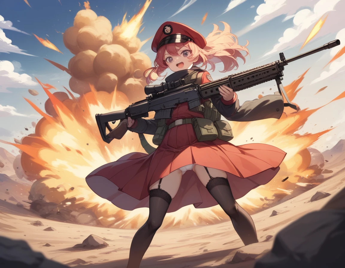 Small breasts、A platoon of girls in bright red military uniforms and long red skirts、Red military uniform and red long skirt、Panty shot、Cute snow-white underwear、garter belt、A pair of girl platoon leaders and soldiers equipped with two assault rifles、desert、Black powder explosion on the ground behind、Big Explosion、A big uproar、Destroy a Tank