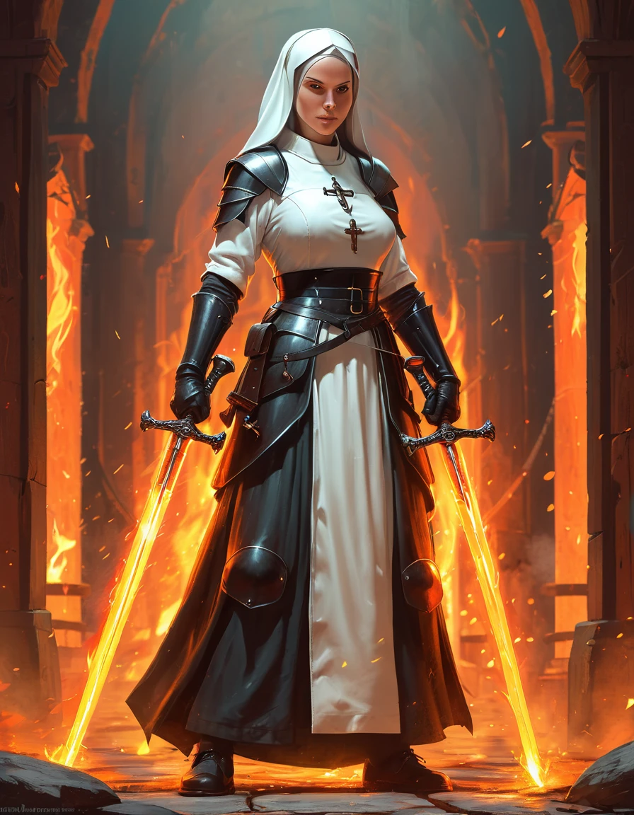 橡胶软管风格的插图，描绘了一个生病的修女手持双剑, 全身, 笑声 , 火焰地牢背景. 