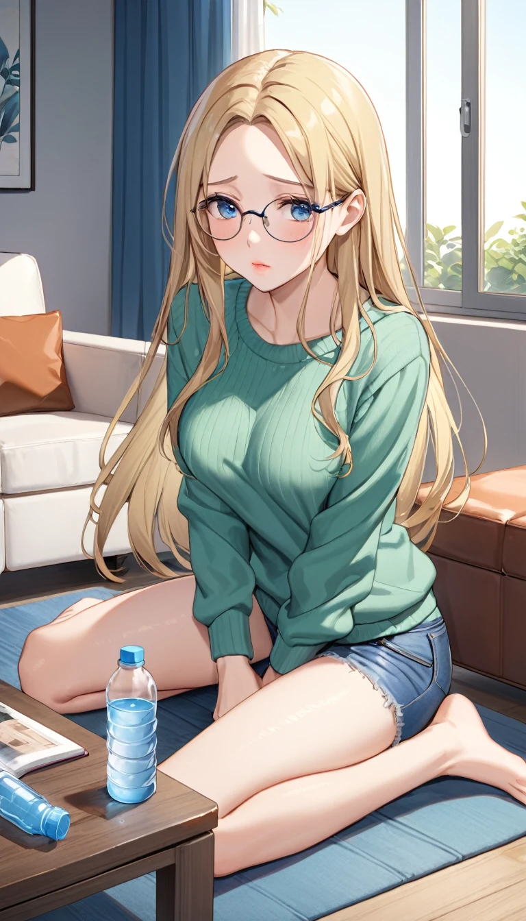 ((best quality, masterpiece:1.3, 8K)), (detailed), highly detailed face and skin texture, detailed eyes, living room, window, empty water bottles, full body, (slender body:1.1), 1girl, 25 years old, white skin, blue eyes, reading glasses, bright lips, worried, embarrassed, blonde hair, straight hair, long hair, (forehead:1.0), green sweater, hard nipples, jeans pants, skinny jeans, blue jeans, barefoot, (desperation:1.5, holding crotch:1.2), 