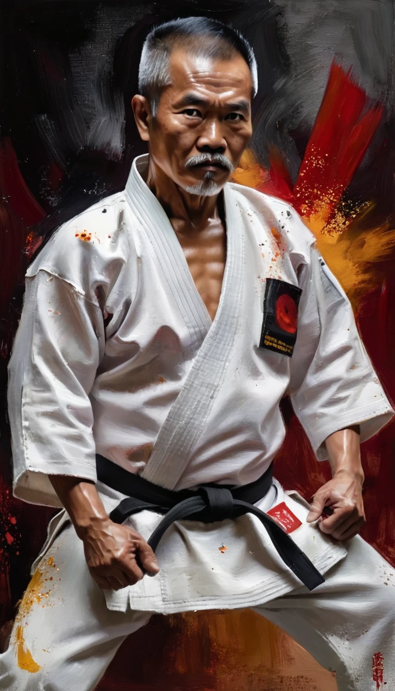 um homem indonésio de 60 anos com herança ocidental, ele é um artista marcial habilidoso, Carismático, conduzido com entusiasmo, encantador, letal, mestre de budo de alto escalão com seu próprio estilo distintivo, executando kata com força explosiva, vestindo um kimono branco, obra de arte, 8K, hiper detalhado, pintura de impasto, pincelada áspera, pintura com faca de paleta, textura de tela visível, mãos perfeitas