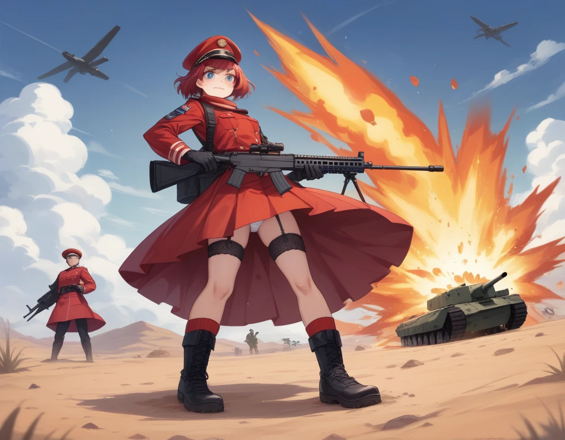 Small breasts、A platoon of girls in bright red military uniforms and long red skirts、Red military uniform and red long skirt、Panty shot、Cute snow-white underwear、garter belt、A pair of girl platoon leaders and soldiers equipped with two assault rifles、desert、Black powder explosion on the ground behind、Big Explosion、A big uproar、Destroy a Tank