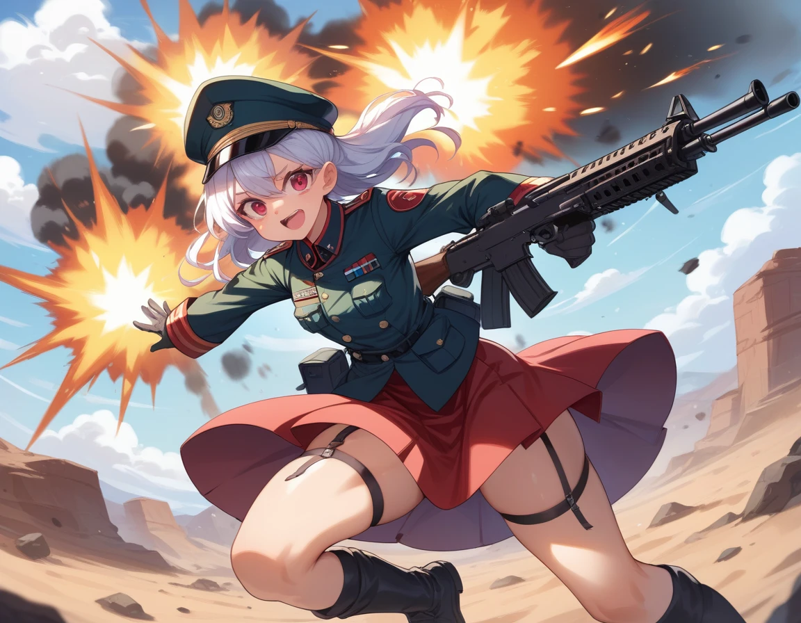 Small breasts、A platoon of girls in bright red military uniforms and long red skirts、Red military uniform and red long skirt、Panty shot、Cute snow-white underwear、garter belt、A pair of girl platoon leaders and soldiers equipped with two assault rifles、desert、Black powder explosion on the ground behind、Big Explosion、A big uproar、Destroy a Tank