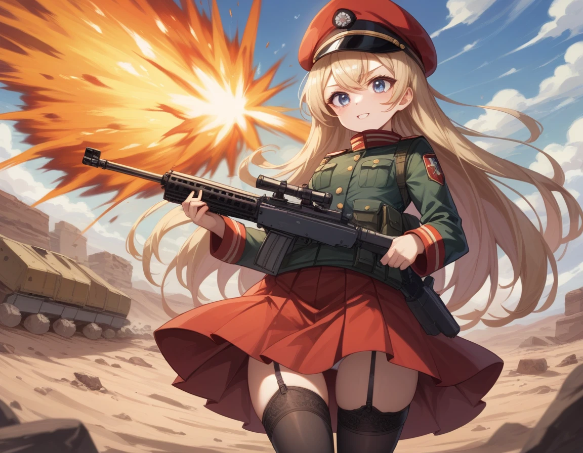 Small breasts、A platoon of girls in bright red military uniforms and long red skirts、Red military uniform and red long skirt、Panty shot、Cute snow-white underwear、garter belt、A pair of girl platoon leaders and soldiers equipped with two assault rifles、desert、Black powder explosion on the ground behind、Big Explosion、A big uproar、Destroy a Tank