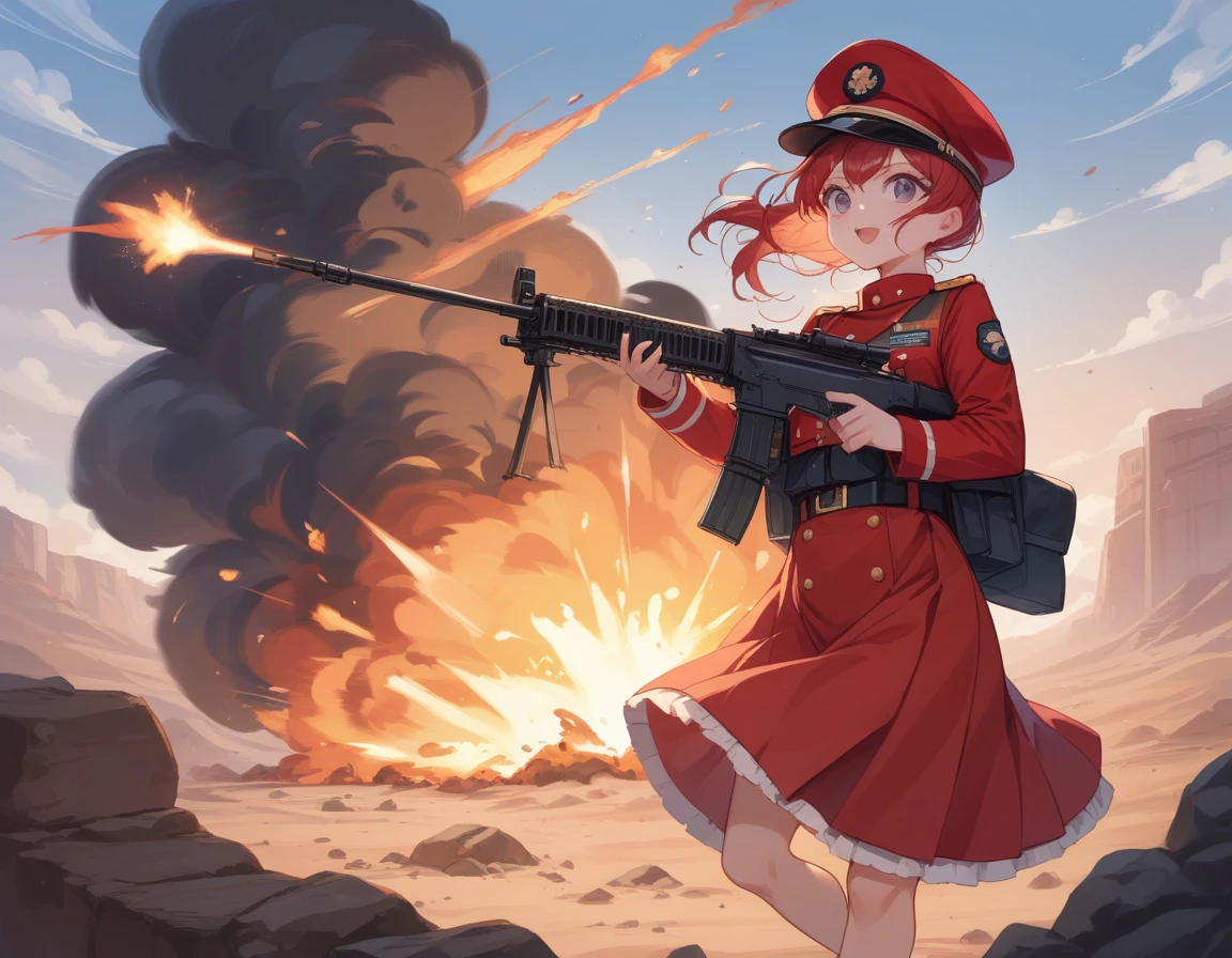 Small breasts、A platoon of girls in bright red military uniforms and long red skirts、Red military uniform and red long skirt、Panty shot、Cute snow-white underwear、garter belt、A pair of girl platoon leaders and soldiers equipped with two assault rifles、desert、Black powder explosion on the ground behind、Big Explosion、A big uproar、Destroy a Tank