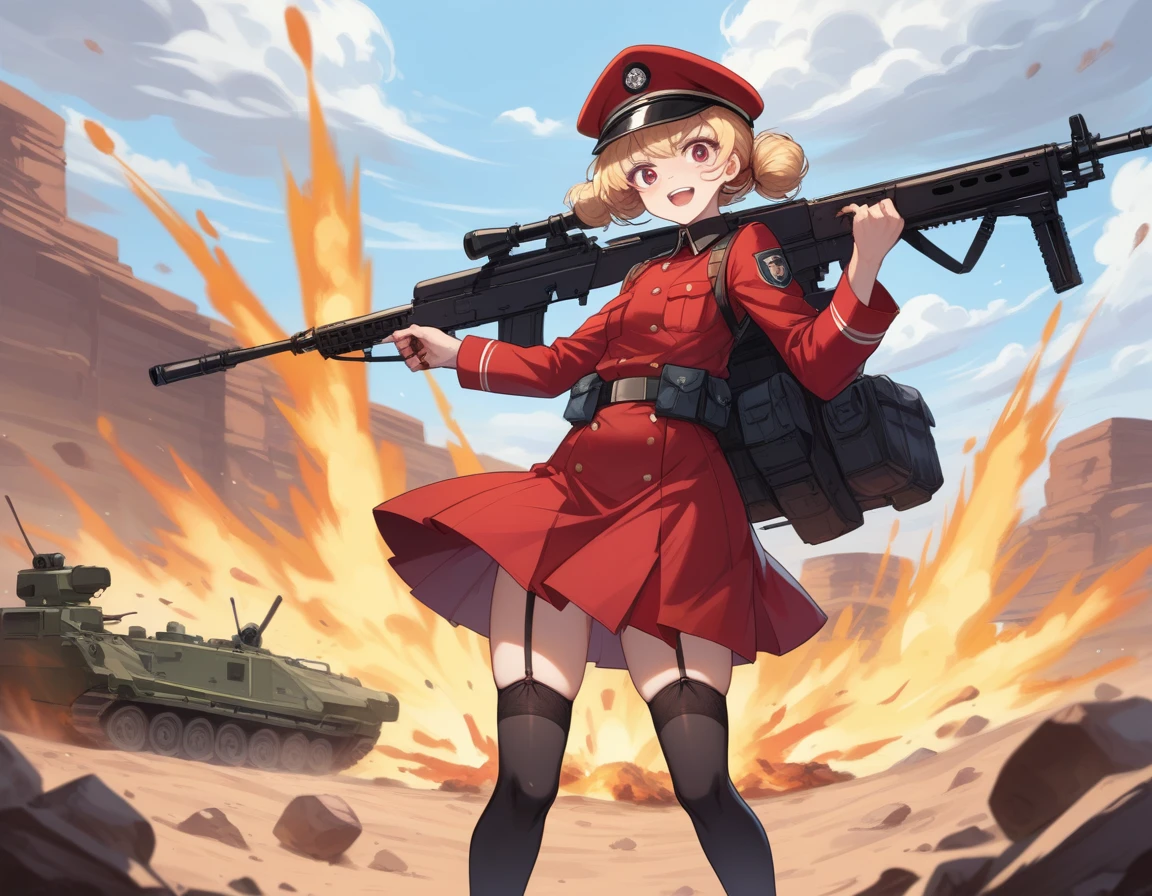 Small breasts、A platoon of girls in bright red military uniforms and long red skirts、Red military uniform and red long skirt、Panty shot、Cute snow-white underwear、garter belt、A pair of girl platoon leaders and soldiers equipped with two assault rifles、desert、Black powder explosion on the ground behind、Big Explosion、A big uproar、Destroy a Tank