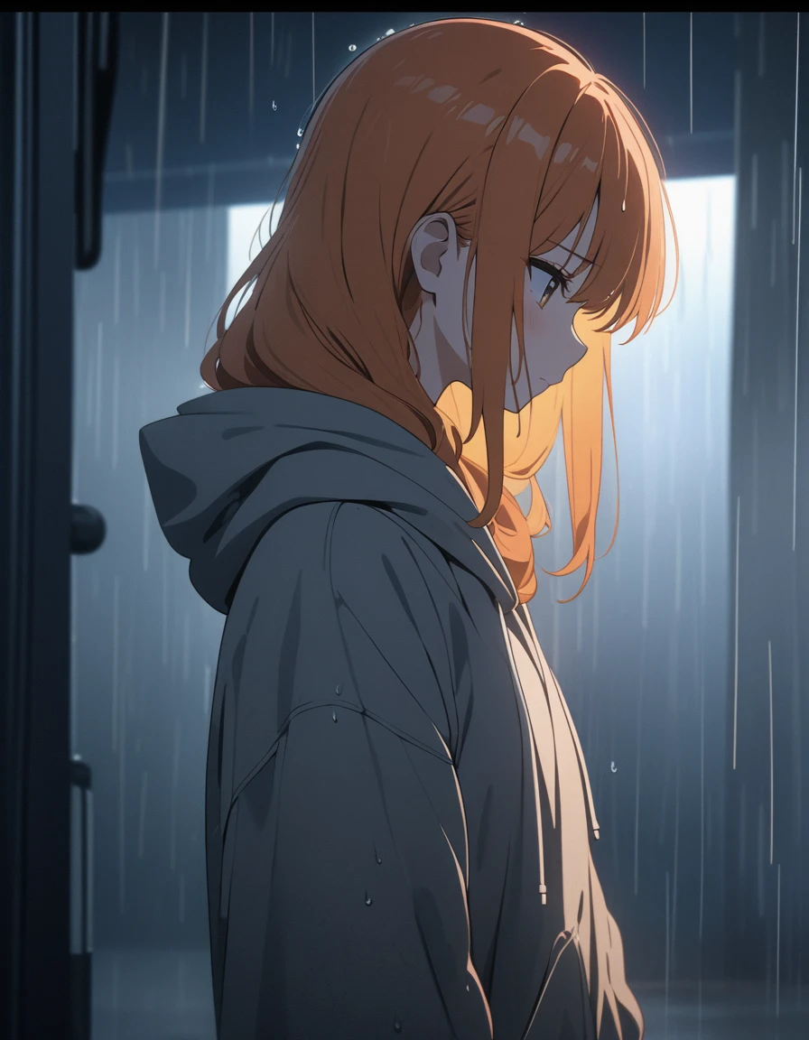 A beautiful anime fox girl with long orange hair, wearing a cozy hoodie, standing in a rainy background, with a cute and sweet expression on her face, (best quality,4k,8k,highres,masterpiece:1.2),,soft lighting,cinematic lighting,detailed fabric textures,wet hair,rainy atmosphere,moody lighting,,cool color palette