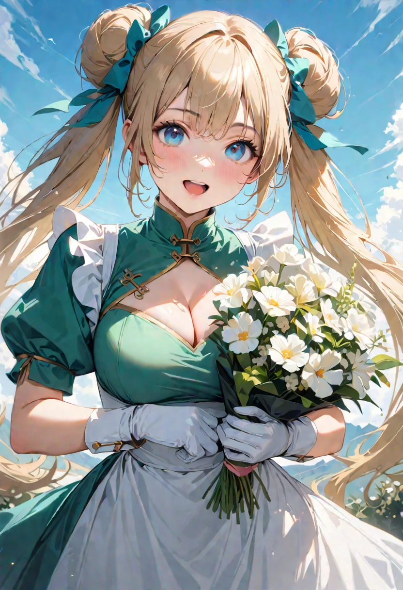 30 years old,1 mature woman,hyperrealistic, 8k, (extremely detailed 8k), (very delicate and beautiful), (masterpiece), (better quality:1.0), (ultra high resolution:1.0), (masterpiece, best quality), cute,blonde,cleavage cutout,(broen dress:1.3),gleaming skin,twintails,twin bun,a pink ribbon on the head,long hair,pastel green chinese maid dress,pastel green chinese dress,white long gloves,hold a bouquet of flowers,face and body straight at the camera,a bunch of flowers,POV,bust shot,white frill,puffy sleeves,laugh with open mouth,tareme,sky blue eyes,short truffle half apron,a gold buckle around someones neck,white corset