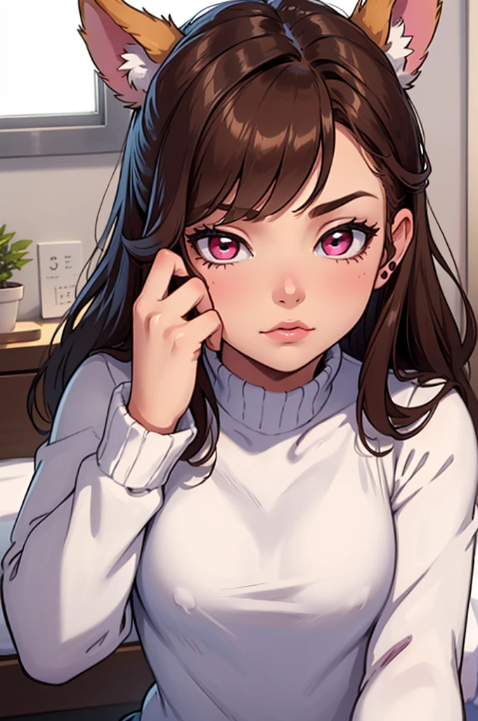 ((masterpiece)), ((detailed, high quality)), girl, cute face:1.2, soft brown hair, super straight hair, ((puppy ears down, floppy ears)), pink eyes, bedroom, close-up, cute pose, very long hair, fluffy bangs, ((dynamic pose))