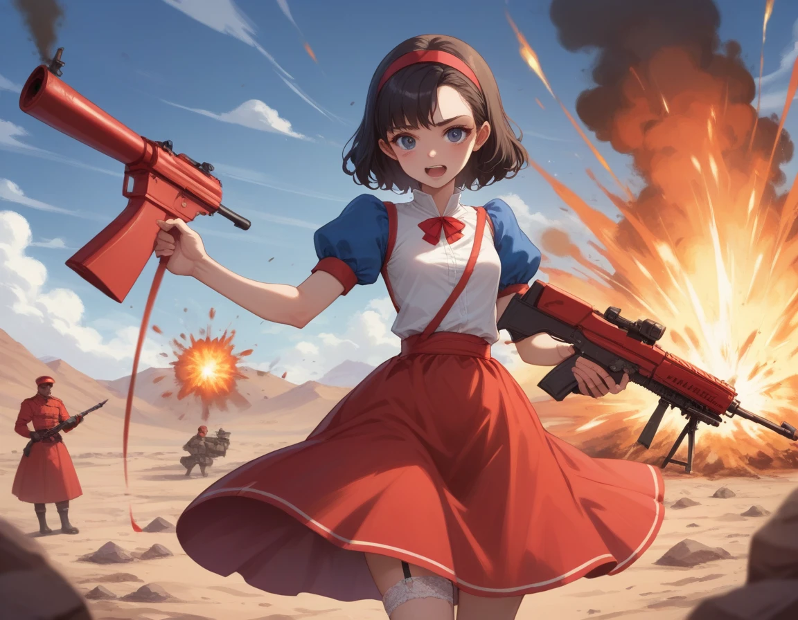 Small breasts、A platoon of girls in bright red military uniforms and long red skirts、Red military uniform and red long skirt、Panty shot、Cute Snow White underwear、garter belt、A girl platoon leader and a soldier equipped with two assault rifles、desert、Black powder explodes on the ground behind him.、Big Explosion、The fuss、Destroy a tank