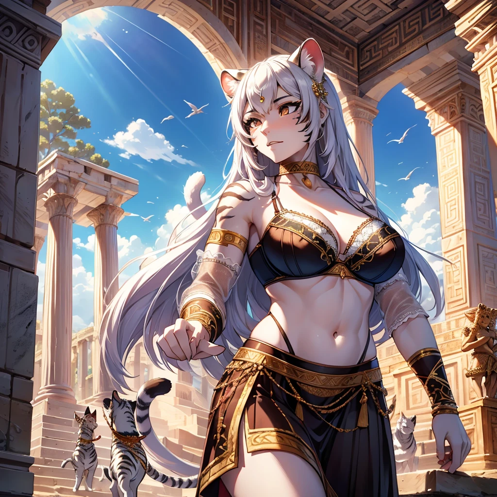 the scene takes place in a Flavian Amphitheater, [Best quality, shadow, extreme detail, very detailed, ultra detailed, complex, realistic, complex and detailed masterpiece of an ancient Greek dream], the dream is of the breed human cats, she is decorated with intricate tiger tattoos, sporting magnificent white fur, dressed in a bra, (accompanied by her faithful white tiger companion),