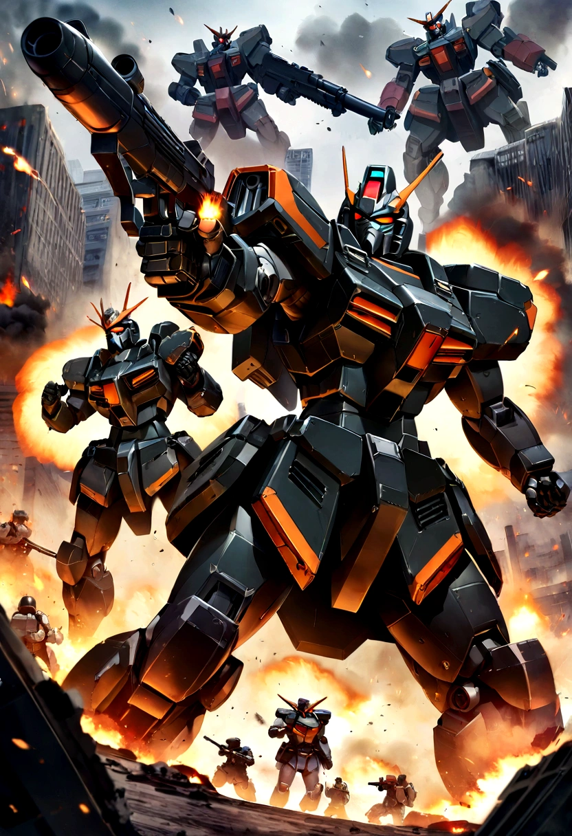 (masterpiece), best quality, expressive eyes, perfect face, perfect body, perfect arms, perfect legs, perfect hands 4k quality a male tech soldier dressed in black and red techwear shooting on a battlefield, at war, with mechas (gundam) (Armored Core) mechs flying in the air over the battlefield, (action sequence,) In a (fight scene) a of high tech hooded woman in an all black jumpsuit and black high heels orange visor and black facemask outfit the camera is a medium shot, wide angle with an anamorphic lens, setting is a hyper futuristic high tech megacity, with buildings exploding and on fire in the background, hi res, ultrasharp 8K high quality, movie, anime, gunfight, large scale battle, ground forces, soldiers, multiple soldiers fighting on a futurist battlefront, large scale war in background, military vehicles