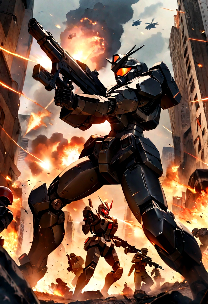 (masterpiece), best quality, expressive eyes, perfect face, perfect body, perfect arms, perfect legs, perfect hands 4k quality a male tech soldier dressed in black and red techwear shooting on a battlefield, at war, with mechas (gundam) (Armored Core) mechs flying in the air over the battlefield, (action sequence,) In a (fight scene) a of high tech hooded woman in an all black jumpsuit and black high heels orange visor and black facemask outfit the camera is a medium shot, wide angle with an anamorphic lens, setting is a hyper futuristic high tech megacity, with buildings exploding and on fire in the background, hi res, ultrasharp 8K high quality, movie, anime, gunfight, large scale battle, ground forces, soldiers, multiple soldiers fighting on a futurist battlefront, large scale war in background, military vehicles