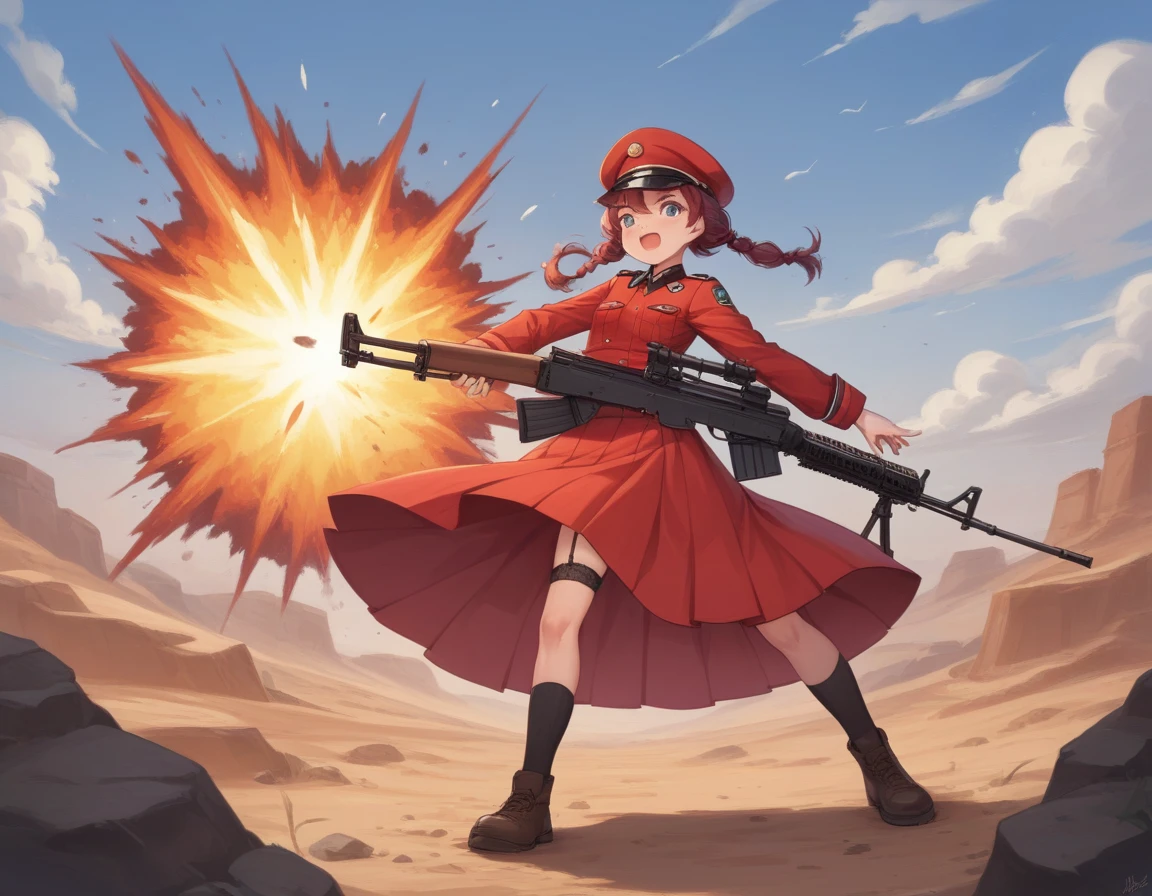 Small breasts、A platoon of girls in bright red military uniforms and long red skirts、Red military uniform and red long skirt、Panty shot、Cute snow-white underwear、garter belt、A pair of girl platoon leaders and soldiers equipped with two assault rifles、desert、Black powder explosion on the ground behind、Big Explosion、A big uproar、Destroy a Tank