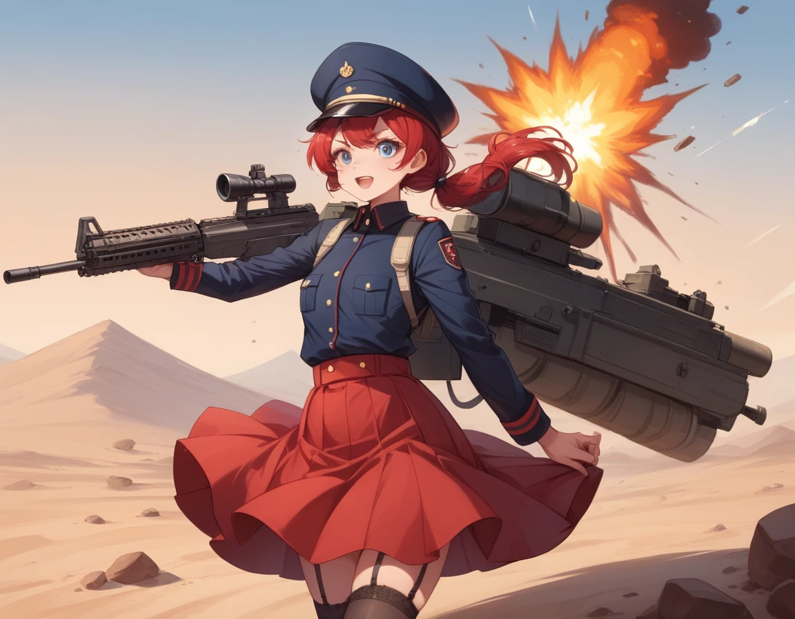 Small breasts、A platoon of girls in bright red military uniforms and long red skirts、Red military uniform and red long skirt、Panty shot、Cute snow-white underwear、garter belt、A pair of girl platoon leaders and soldiers equipped with two assault rifles、desert、Black powder explosion on the ground behind、Big Explosion、A big uproar、Destroy a Tank