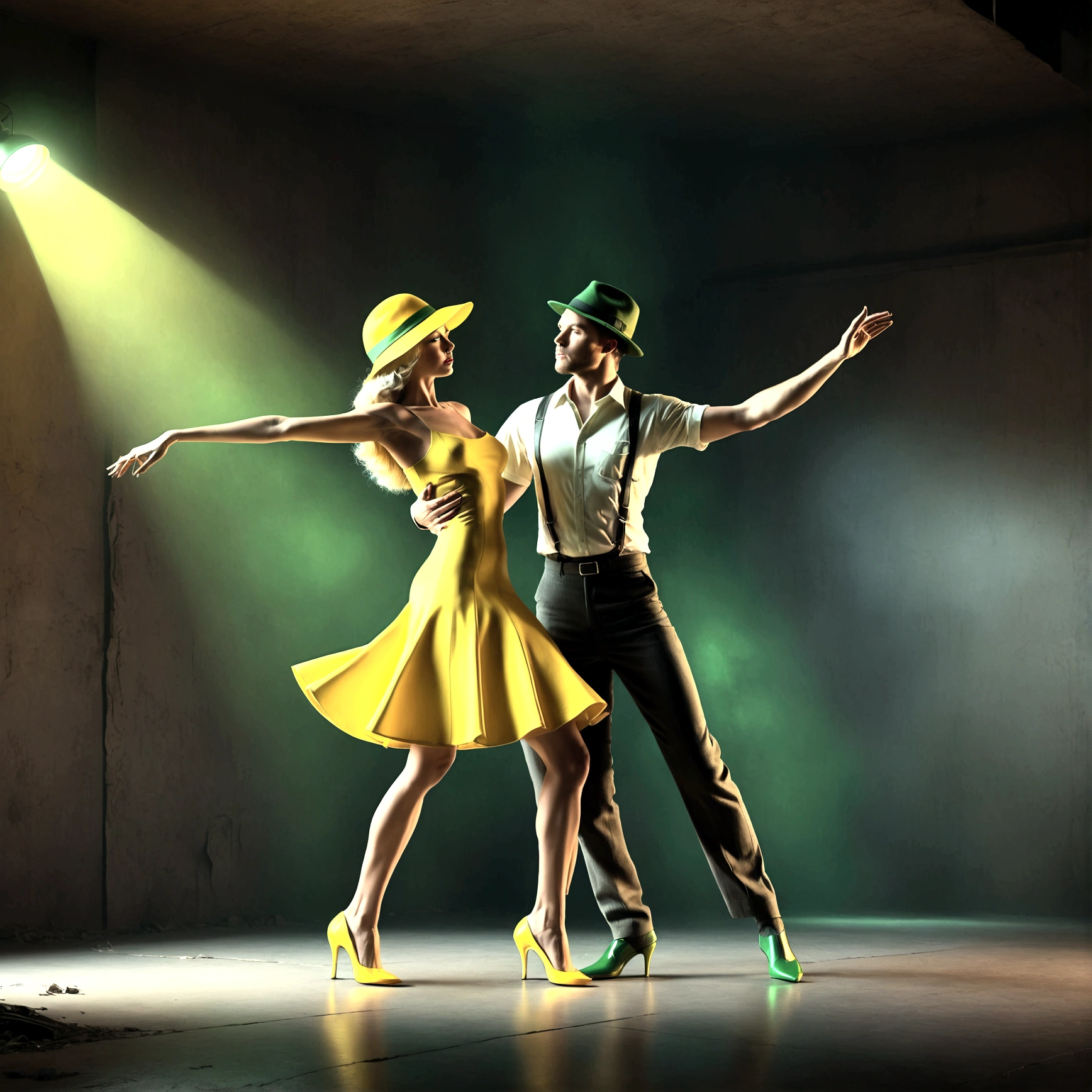 A fascinating 3D image in national style, created as a digital painting shows a mystical couple with empty body, she dances gracefully. the background is black. Backlight. yellow hat and green high heels. The production is a combination of post-apocalyptic futurism and hyperrealist
