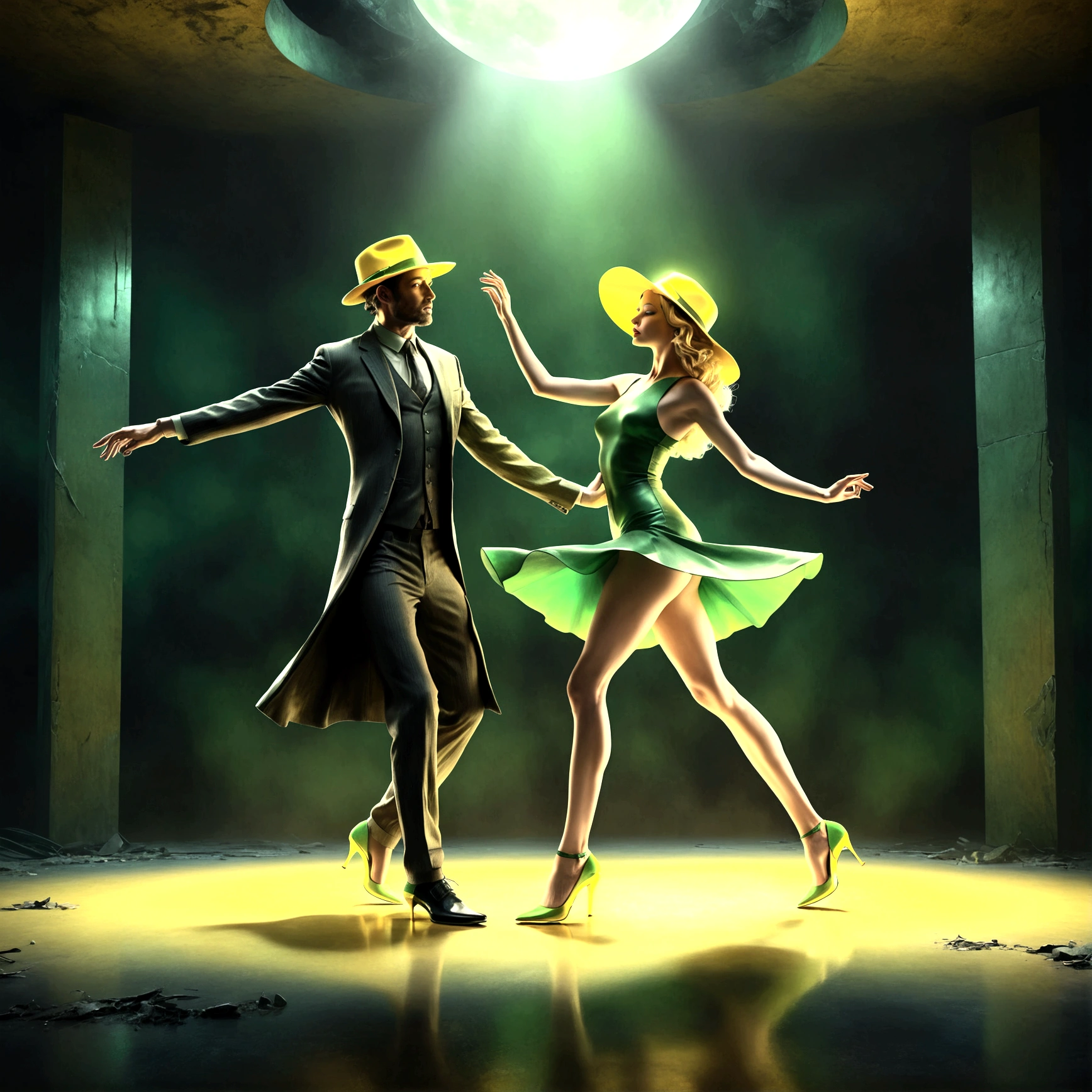 A fascinating 3D image in national style, created as a digital painting shows a mystical couple with empty body, she dances gracefully. the background is black. Backlight. yellow hat and green high heels. The production is a combination of post-apocalyptic futurism and hyperrealist