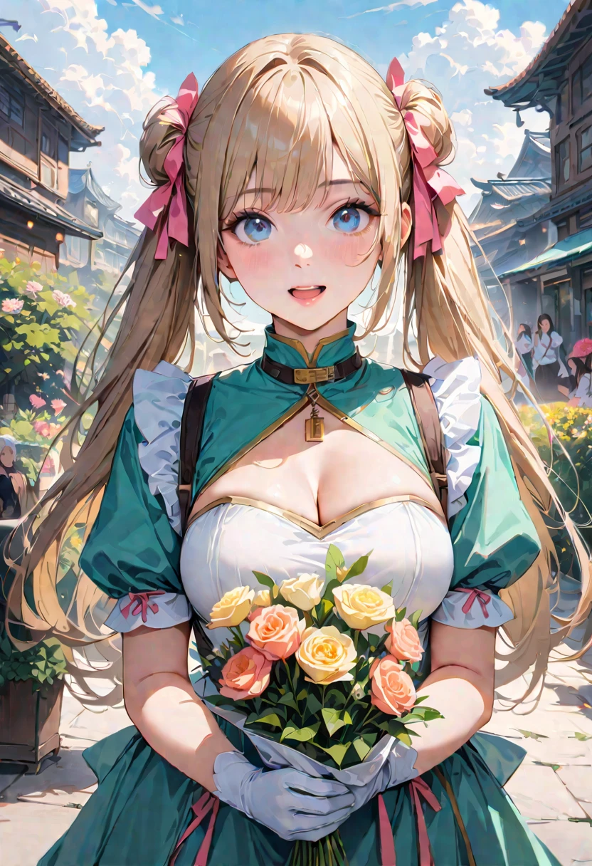 30 years old,1 mature woman,hyperrealistic, 8k, (extremely detailed 8k), (very delicate and beautiful), (masterpiece), (better quality:1.0), (ultra high resolution:1.0), (masterpiece, best quality), cute,blonde,cleavage cutout,(broen dress:1.3),gleaming skin,twintails,twin bun,a pink ribbon on the head,long hair,pastel green chinese maid dress,pastel green chinese dress,white long gloves,hold a bouquet of flowers,face and body straight at the camera,a bunch of flowers,POV,bust shot,white frill,puffy sleeves,laugh with open mouth,tareme,sky blue eyes,short truffle half apron,a gold buckle around someones neck,white corset